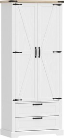Armário de cozinha 76 x 40 x 180 cm, com 2 portas, 2 gavetas, prateleiras ajustáveis, estilo rústico, branco