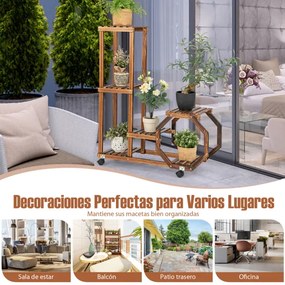 Suporte de flores de madeira multicamadas para plantas com rodas e travessas para pátios de jardim 87,5 x 29 x 102,5 cm Castanho