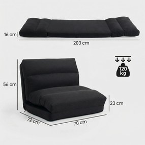 Poltrona de chão, sofá reclinável, poltrona convertível em cama reclinável de 90° a 180°, tecido - 70 x 72 x 56 cm - preto