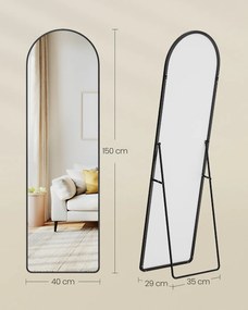 Espelho pé de corpo inteiro com 150 x 40 cm e moldura arqueada em vidro temperado preto