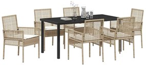 Conjunto de Jantar com 7 Peças e Almofadas Bege Rattan Sintético