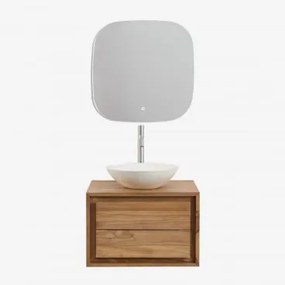 Conjunto De Móvel De Casa De Banho Suspenso Em Madeira De Teca Jabari Madeira De Teca & Cimento Redondo Branco Ø40 Cm Zavion & Quadrado - Sklum