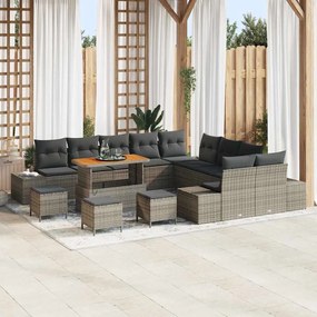 Conjunto de Sofá de Jardim com 14 Peças e Almofadas Cinza Rattan Sintético Acácia