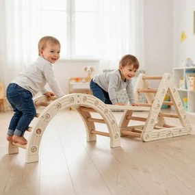 Conjunto de triângulo para crianças de escalada Montessori 5 em 1 com trepa-trepa em forma de triângulo Arco e escada dupla Bege + Castanho