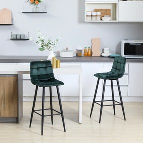 Conjunto de 2 bancos de bar, com assento em veludo acolchoado e pés em aço, altura 77 cm, verde escuro