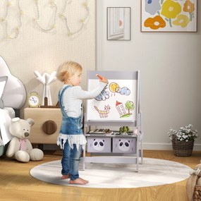 Quadro de cavalete infantil com ardósia de dupla face, quadro para giz, rolo de papel, 2 cestos, 54 x 46,5 x 93 cm, cinzento
