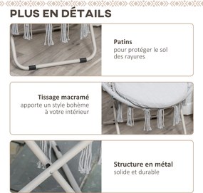 Poltrona redonda de jardim Loveuse, poltrona Papasan em forma de lua, dobrável, de grande conforto, em macramé de algodão e poliéster cinzento