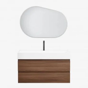 Conjunto De Móvel De Casa De Banho Suspenso Em Madeira E Folha De Freixo Com Lavatório Integrado Ona Oval Led E Anti-embaciamento 100x80 Cm Riben & Pr