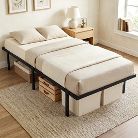 Estrutura de cama 90 x 200 cm com base de metal (COLCHÃO NÃO INCLUIDO), cama individual com espaço de arrumação por baixo, silenciosa, montagem fácil,