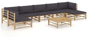 vidaXL 8 pcs conj. lounge jardim em bambu c/ almofadões cinza-escuro
