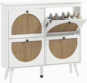 Sapateira com 4 portas, capacidade para 20 pares, prateleiras ajustáveis, estilo boémio, pés em madeira maciça, 105 x 24 x 97,5 cm, branco