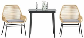 Conjunto jantar jardim 3 peças almofadas vidro vime PE castanho
