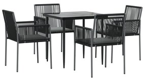 5 pcs conjunto jantar p/ jardim c/ almofadões vime PE/aço preto