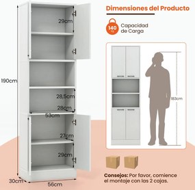 Armário de despensa para cozinha 56 x 30 x 190 cm com portas e prateleiras cinza claro