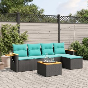 6 pcs conjunto de sofás p/ jardim c/ almofadões vime PE preto