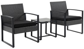 Conjunto de Móveis de Jardim de Vime 3 Peças com 1 Mesa 42,5x40x39 cm 2 Poltronas 63x57x76 cm Cinzento e Preto