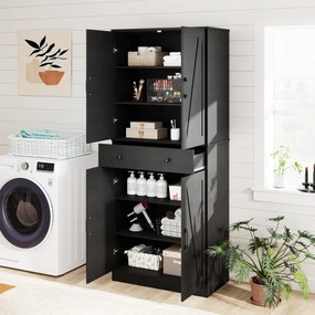 Armário Sala, despensa cozinha moderno 77 x 39 x 183 cm com 4 portas, gaveta e 3 prateleiras ajustáveis Preto