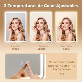 Espelho LED 80x60cm com luzes 3 cores antiembaciamento e luz regulável prateado