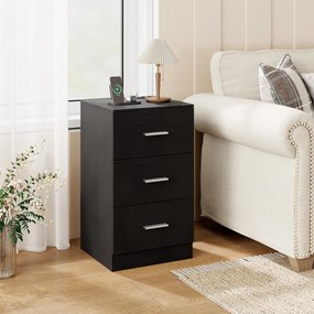 Mesa de cabeceira com base de carregamento 38 x 35 x 66 cm, 3 gavetas, porta USB, moderna, para sala ou quarto, Preta