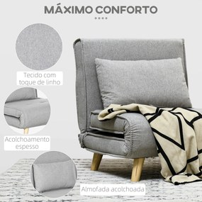 Poltrona 2 em 1 Sofá Cama Individual Dobrável com Encosto Ajustável e Almofada Carga 150 kg 72x78x79 cm Cinza