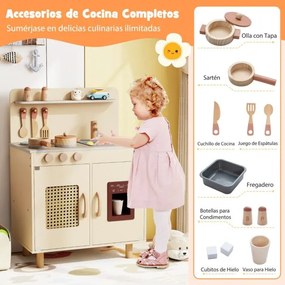 Cozinha infantil de madeira 52 x 31,5 x 73 cm com máquina de gelo realista e armazenamento para crianças com mais de 3 anos Amarela