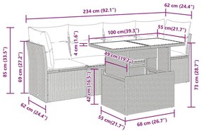 5 pcs conjunto sofás de jardim com almofadões vime PE preto