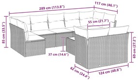 10 pcs conj. sofás jardim com almofadões vime PE cinzento-claro