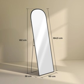 Espelho de Pé de Corpo Inteiro 60x165 cm com Estrutura de Liga de Alumínio e Suporte para Sala Quarto Preto
