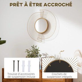 Espelho decorativo redondo de 60 cm com fixação de 360°, decoração de parede moderna em metal com detalhes plissados, dourado