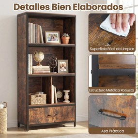 Estante de 4 níveis 68 x 30,5 x 151,5 cm com 4 compartimentos abertos e gaveta dobrável em tecido; Estrutura metálica para quarto ou escritório, em ca