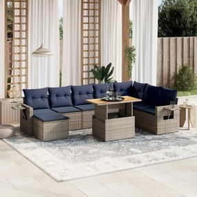 vidaXL 9 pcs conjunto sofás p/ jardim c/ almofadões vime PE cinzento