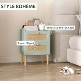 Mesa de cabeceira com 2 gavetas com efeito de vime natural e estrutura em madeira, 39,8 x 30 x 52,5 cm, verde-oliva
