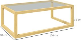 Mesa de centro retangular com tampo em vidro temperado e estrutura em madeira de seringueira; dimensões: 100 x 60 x 35 cm