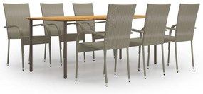 7 pcs conjunto de jantar para jardim vime PE cinzento