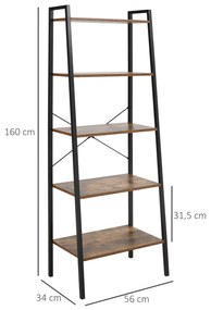 Estante de Estilo Industrial em Forma de Escada com 5 Prateleiras com Estrutura de Metal para Sala de Estar Dormitório Cozinha Escritório 56x34x160cm