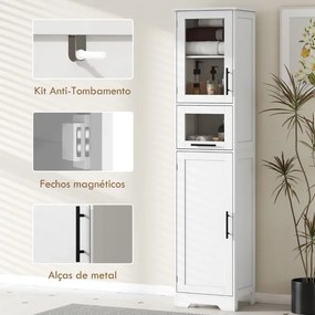 Coluna Casa de Banho com Porta de Vidro Prateleiras Ajustáveis Gaveta para Espaços Pequenos 40x31x170 cm Branco
