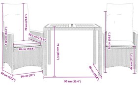 3 pcs conjunto bistrô com almofadões vime PE cinza