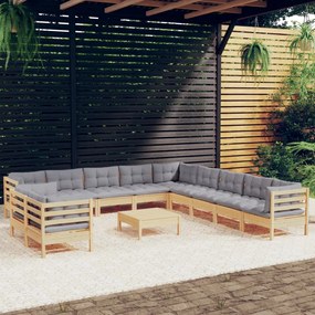 12pcs conjunto lounge de jardim + almofadões cinza pinho maciço