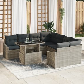 Conjunto de Sofá de Jardim de 9 Peças com Almofadas Cinza Claro em Rat