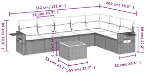 8 pcs conjunto sofás de jardim c/ almofadões vime PE cinzento