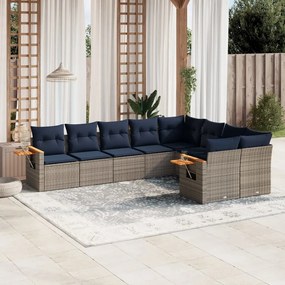 9 pcs conjunto sofás p/ jardim c/ almofadões vime PE cinzento