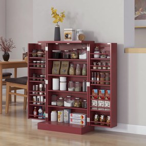 Armário de cozinha para despensa  60 x 30 x 104 cm com 2 portas, 5 prateleiras e 12 suportes para especiarias vermelho
