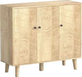 HOMCOM Buffet Cozinha, Móvel de Armazenamento com 3 Portas em Padrão Espinha de Peixe e Pés em Madeira de Pinho, 88,3x30x76cm, Madeira Natural | Aosom Portugal
