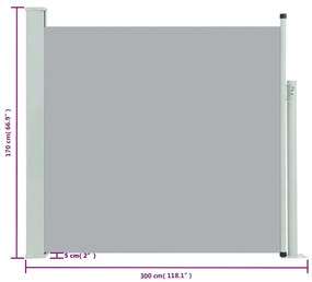 Toldo lateral retrátil para pátio 170x300 cm cinzento