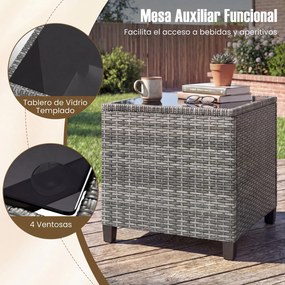 Conjunto de jardim de 3 peças, composto por cadeiras de rattan e mesa com tampo de vidro temperado para pátio, rattan em mistura de cinzento com almof