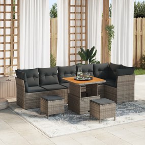 Conjunto de Sofá de Jardim de 9 Peças com Almofadas Cinzas em Rattan P