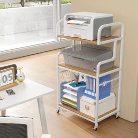 Suporte para impressora portátil 60 x 40 x 110 cm de 3 níveis com rodas, 10 ganchos em S, estrutura metálica Natural + Branco