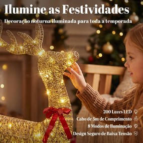 Conjunto de 3 Peças com Renas de Natal Iluminadas, 200 LED Branco Quente, 8 Modos e Temporizador Diário