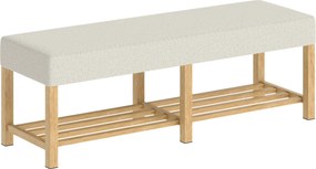 HOMCOM Banco Sapateira com Assento Acolchoado para 2 Pessoas Prateleira Aberta Estrutura de Madeira 140x44x48 cm Creme e Madeira | Aosom Portugal