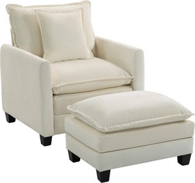 HOMCOM Poltrona de sala com apoio para os pés, sofá 1 lugar em chenille, assento largo, duplo acolchoamento, 85x128x86cm, creme | Aosom Portugal